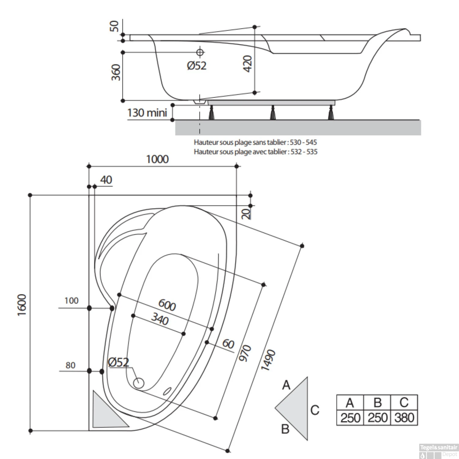 Hoekbad Allibert ZELI Rechte Hoek Asymmetrisch 175x110x53-55 Cm Wit Links - Afbeelding 3