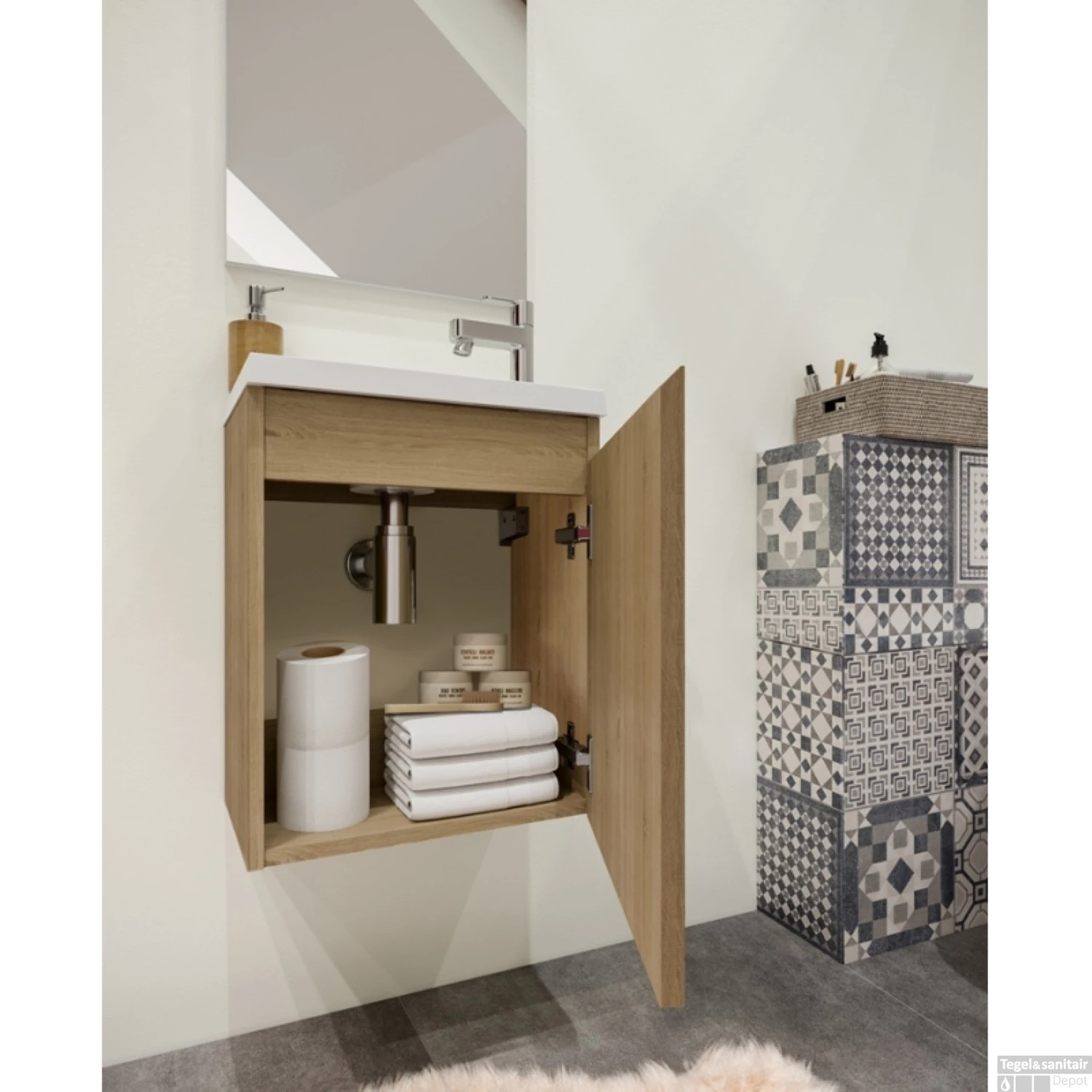 Fonteinset Allibert Porto Pack 40 Inclusief Spiegel Soft Close 40x51x25 Cm Hamilton Eiken - Afbeelding 4