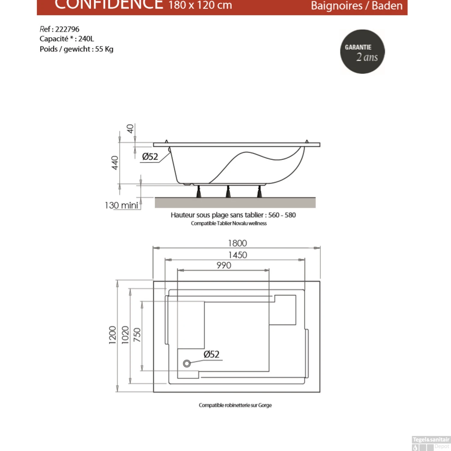 Ligbad Allibert Confidence 180x120x56-58 Cm - Afbeelding 2