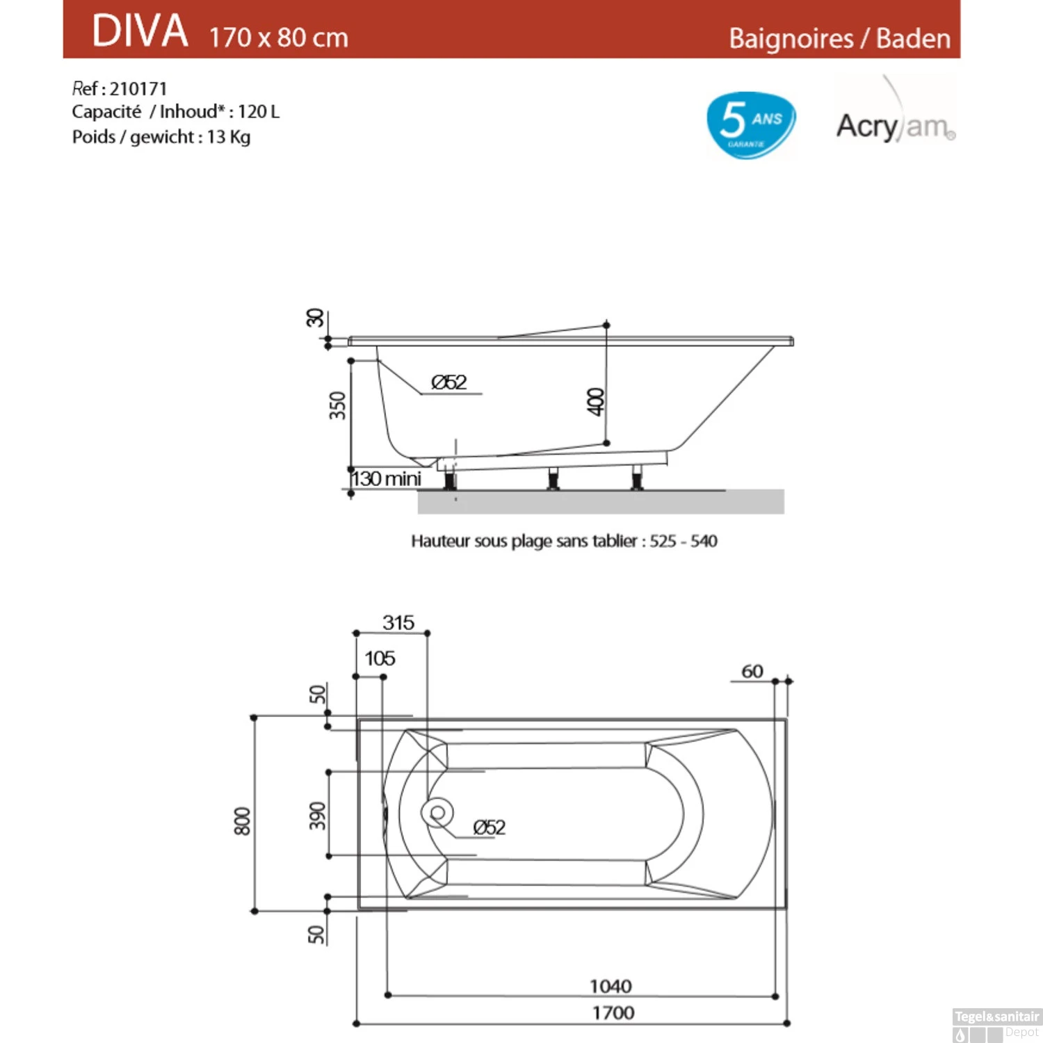 Ligbad Allibert Diva 170x80x52 Cm - Afbeelding 2