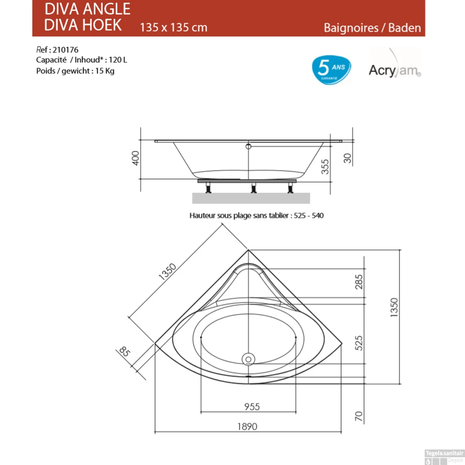 Hoekbad Allibert Diva Kwartrond 135x135 Cm - Afbeelding 2