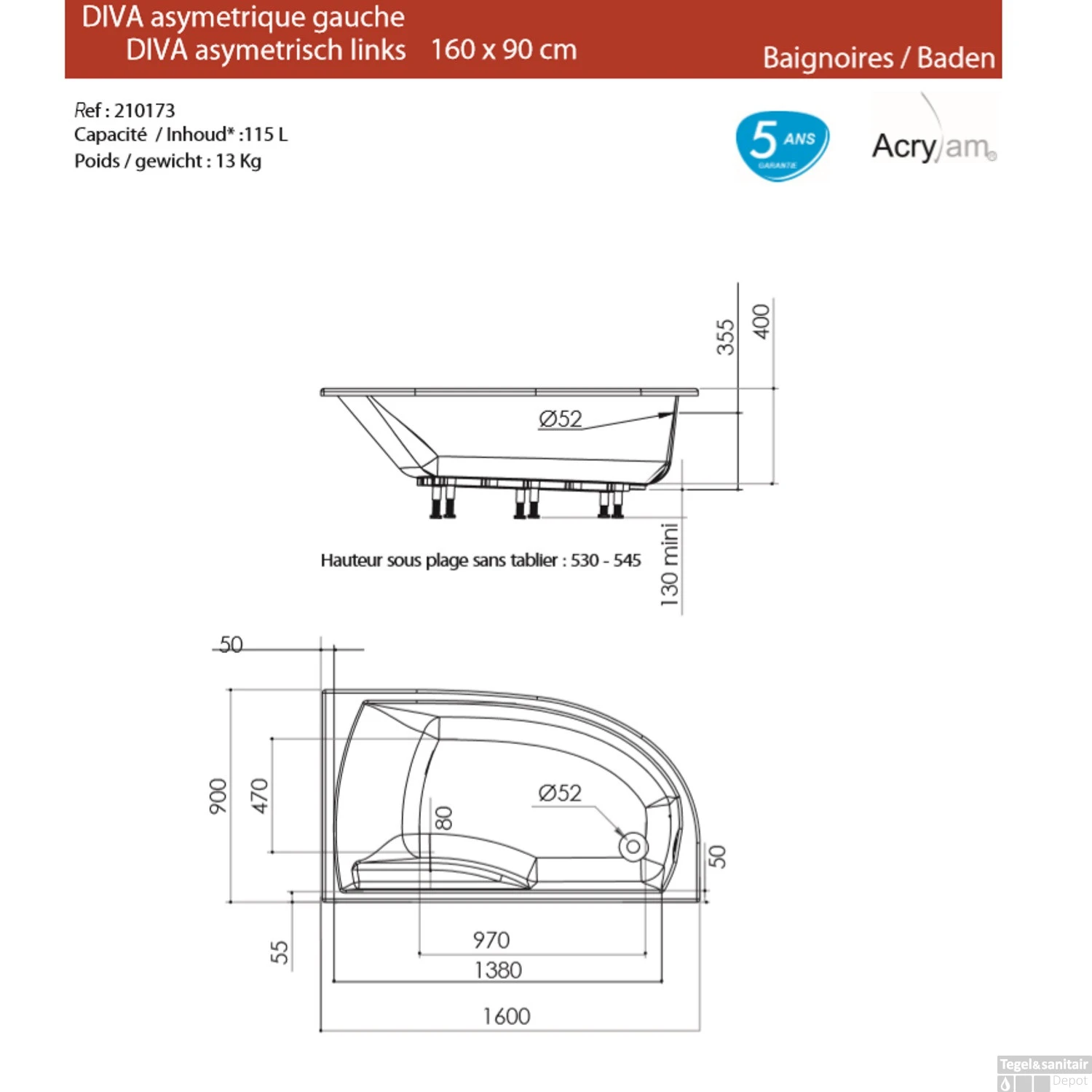 Hoekbad Allibert Diva 160x90 Cm Asymmetrisch Links - Afbeelding 3