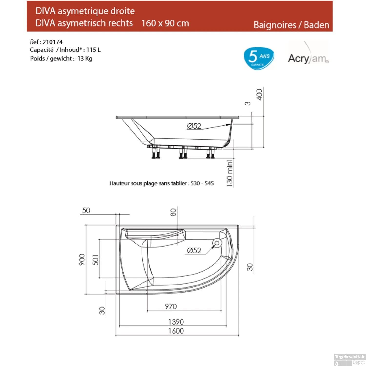 Hoekbad Allibert Diva 160x90 Cm Asymmetrisch Rechts - Afbeelding 3