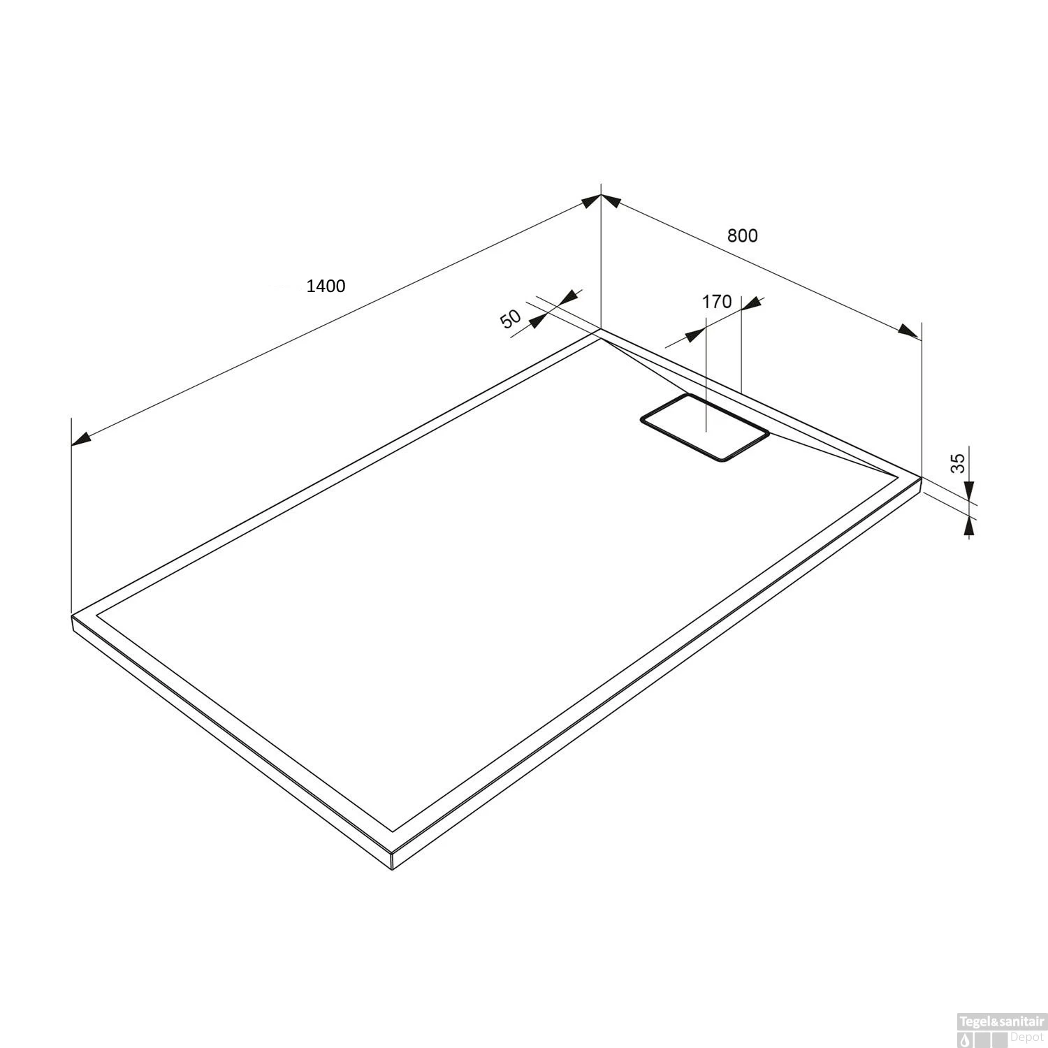Douchebak Allibert Terreno Rechthoek Inbouw Polybeton 140x80 Cm Bazalt Zwart - Afbeelding 4
