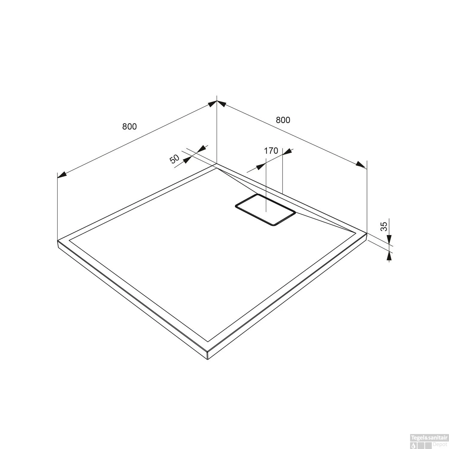 Douchebak Allibert Terreno Vierkant Inbouw Polybeton 80x80 Cm Bazalt Zwart - Afbeelding 3