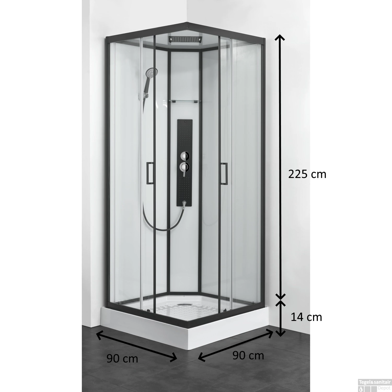 Douchecabine Allibert Uyuni 225x90x90 Cm Vierkant Mat Zwart Schuifdeuren 4mm Helder Glas - Afbeelding 2