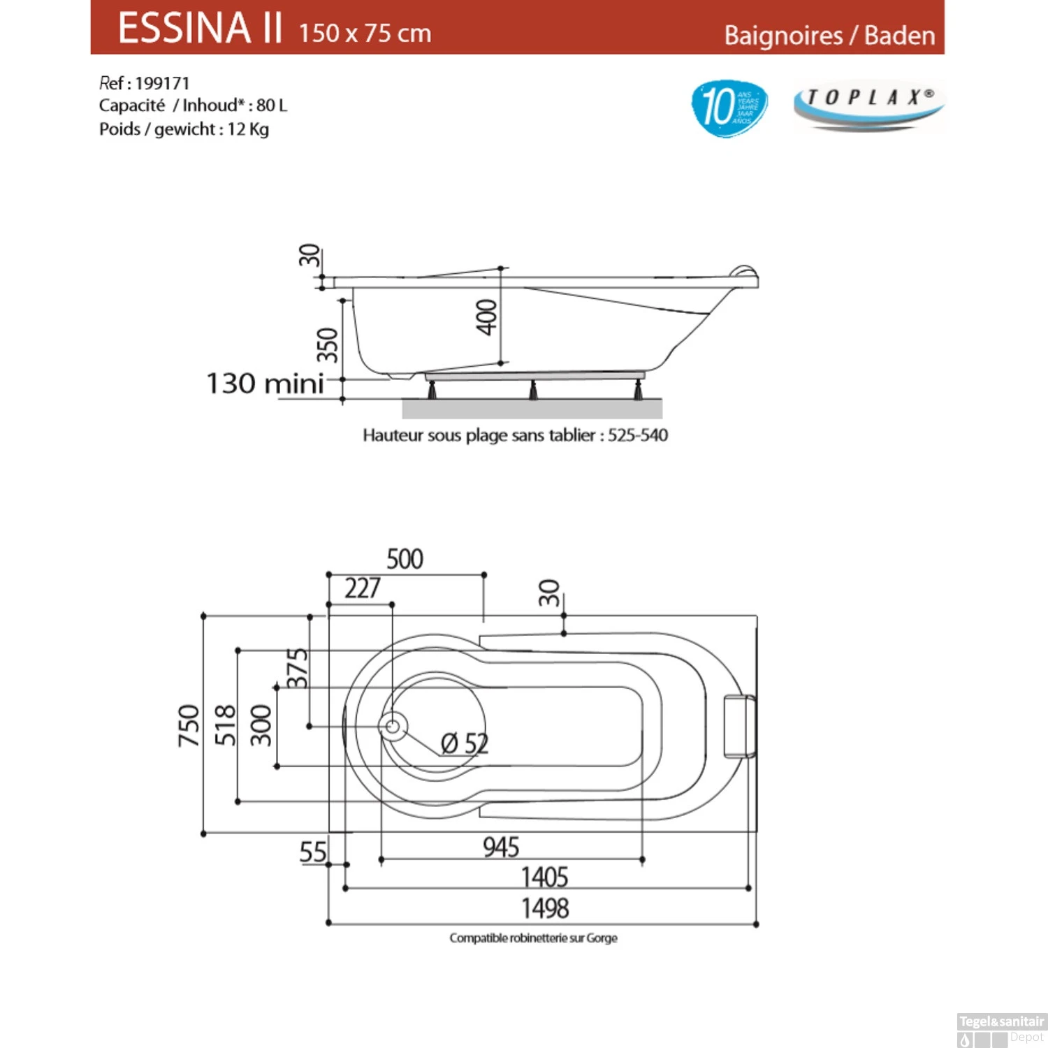 Ligbad Allibert Essina² 150x75x52,5-54 - Afbeelding 2