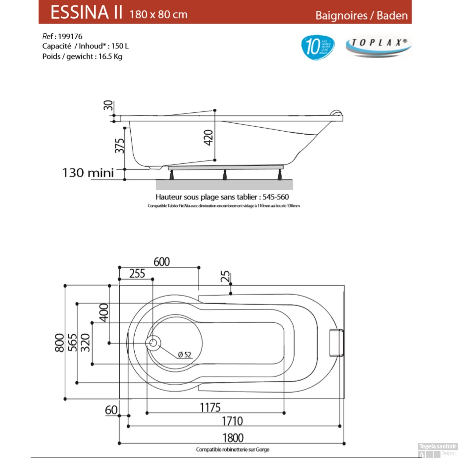 Ligbad Allibert Essina² 180x80x54-55 Cm - Afbeelding 2