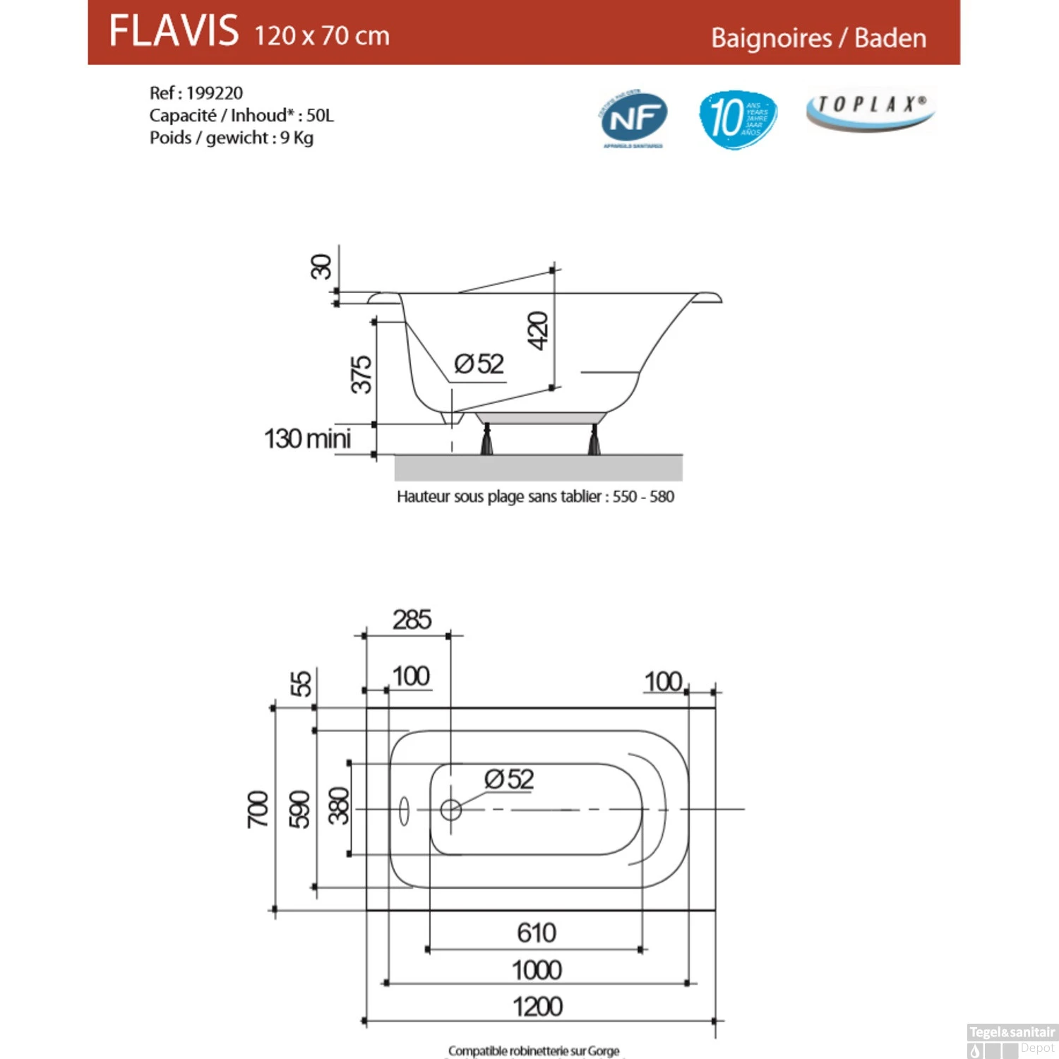 Ligbad Allibert Flavis Plaatsbesparend 120x70x55-58 Cm - Afbeelding 2