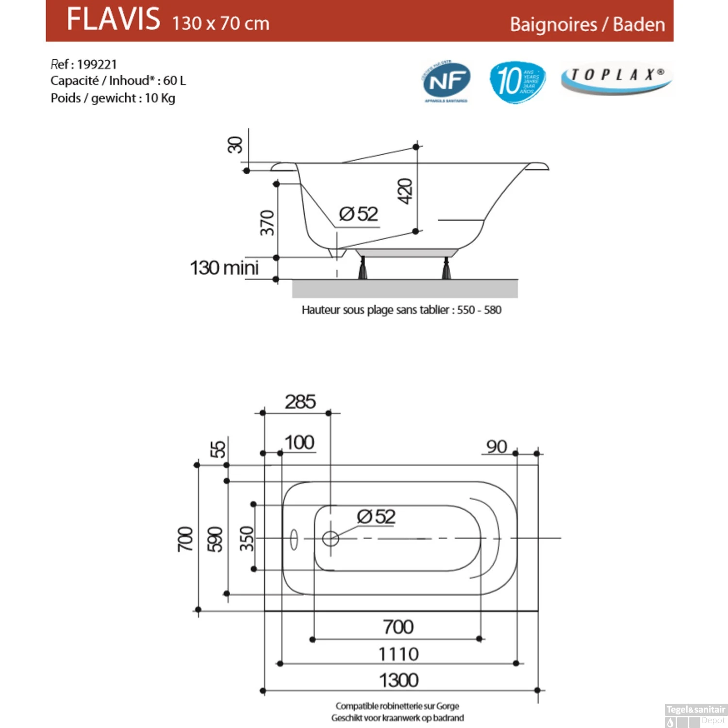 Ligbad Allibert Flavis Plaatsbesparend 130x70x55-58 Cm - Afbeelding 2