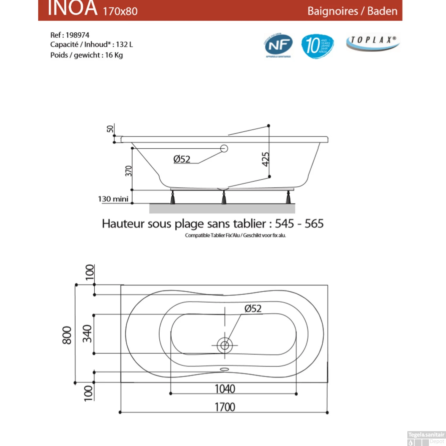 Ligbad Allibert Inoa 170x80 Cm - Afbeelding 2
