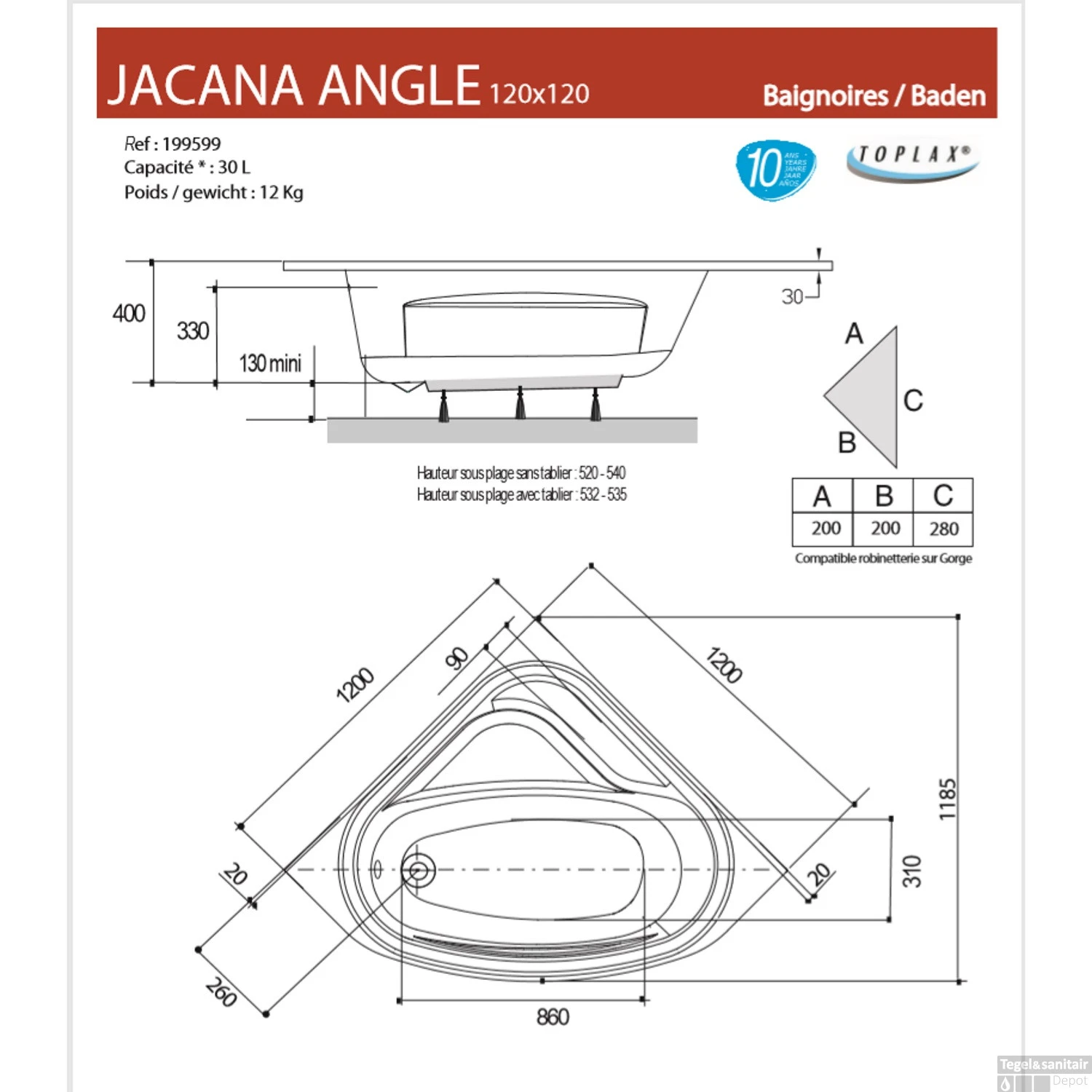 Badmantel Voor Hoekbad Allibert Jacana 120x120 Cm Wit - Afbeelding 2