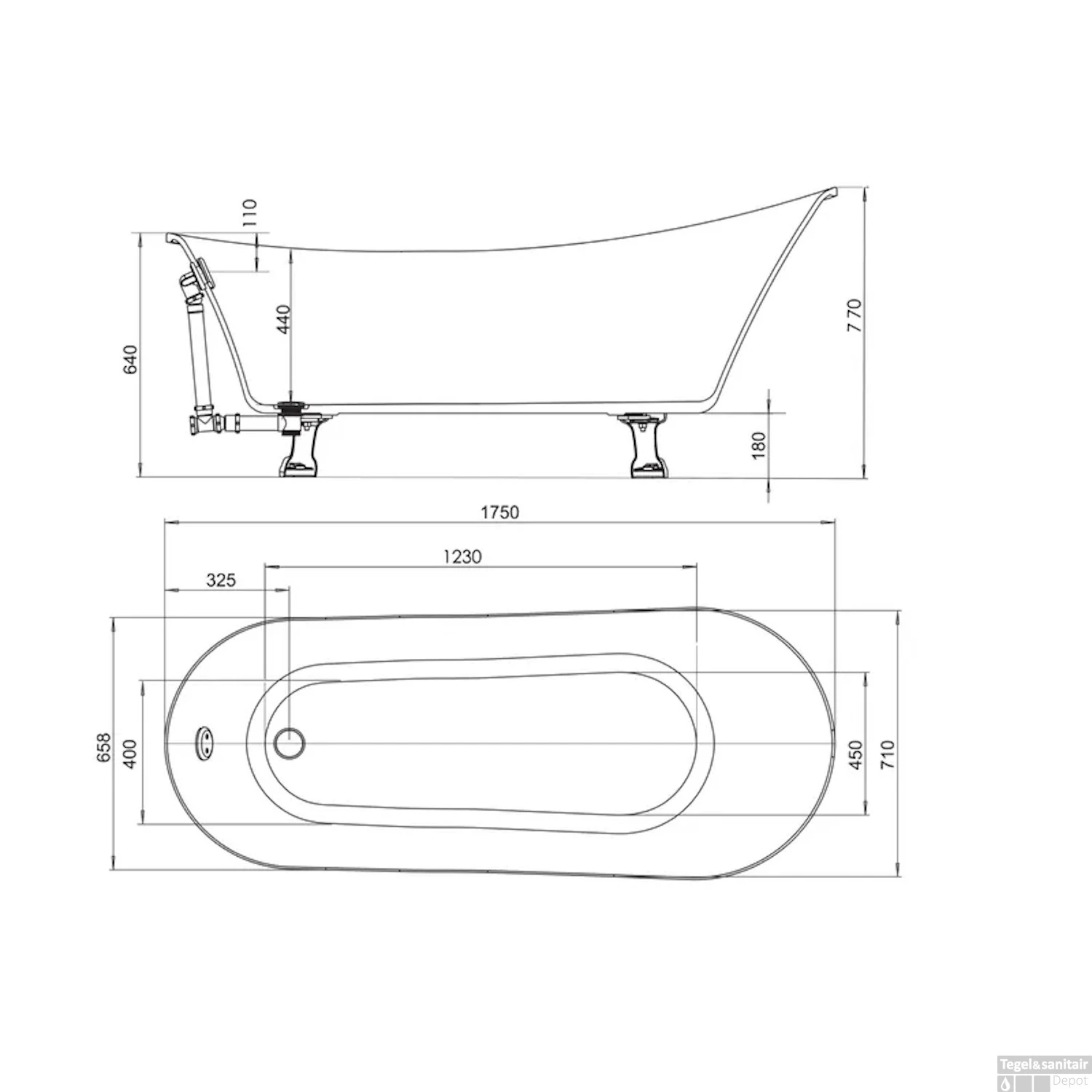 Ligbad Allibert Kara Met Leeuwenpoten Wit 175x71x77 Cm Wit - Afbeelding 2