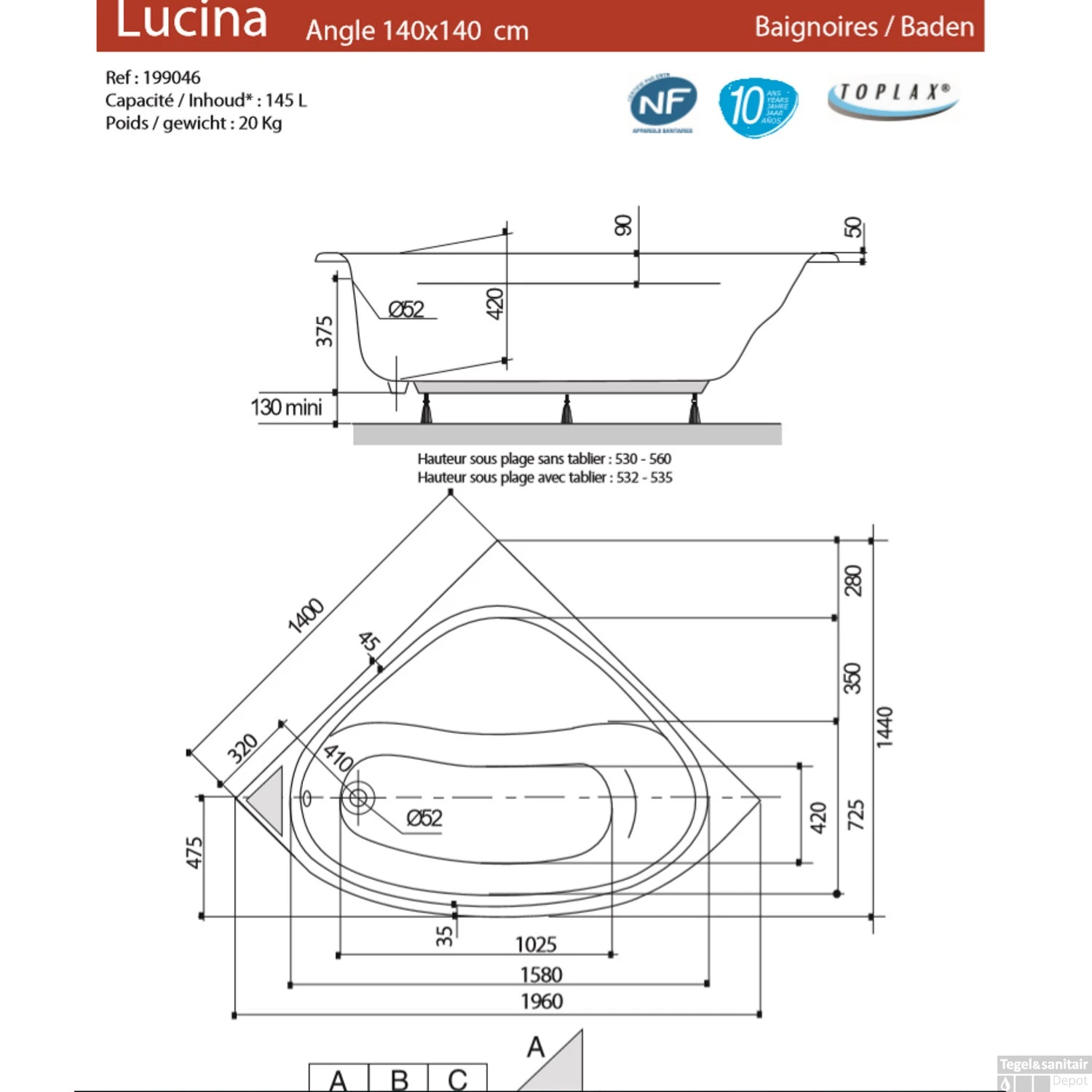 Allibert Whirlpoolbad LUCINA + Mantel AQUAZEN 2 140x140x53-53,3 Cm Wit - Afbeelding 2