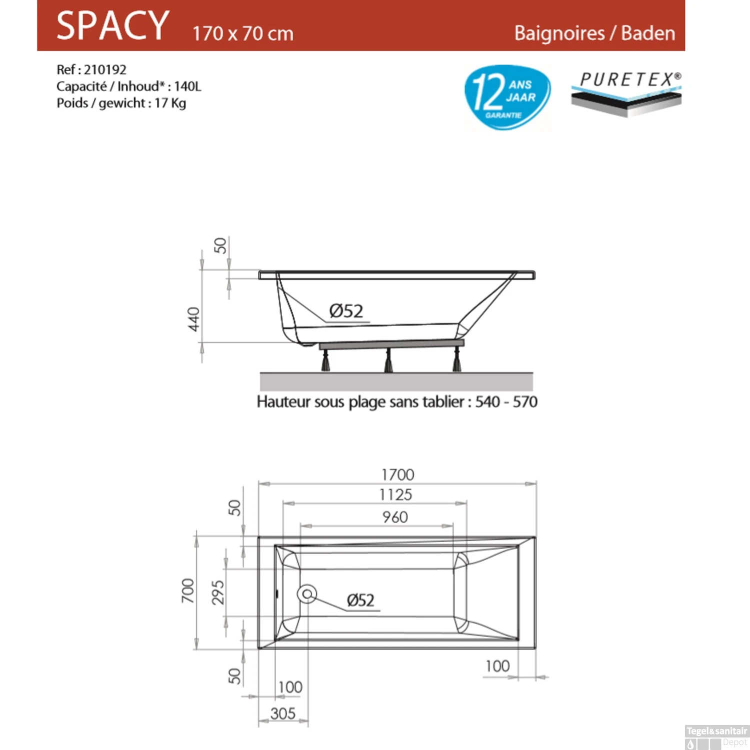 Ligbad Allibert Puretex Spacy 170x70 Cm - Afbeelding 2