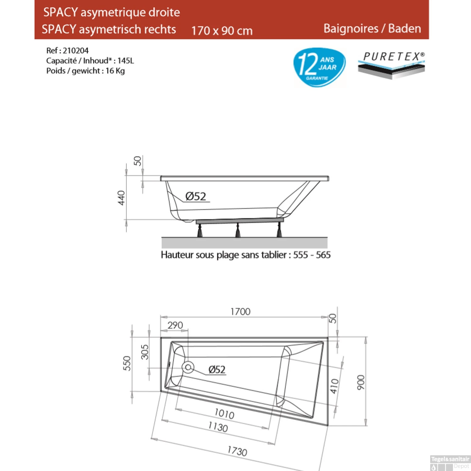 Ligbad Allibert Spacy 170x90 Cm Rechts Asymmetrisch - Afbeelding 3