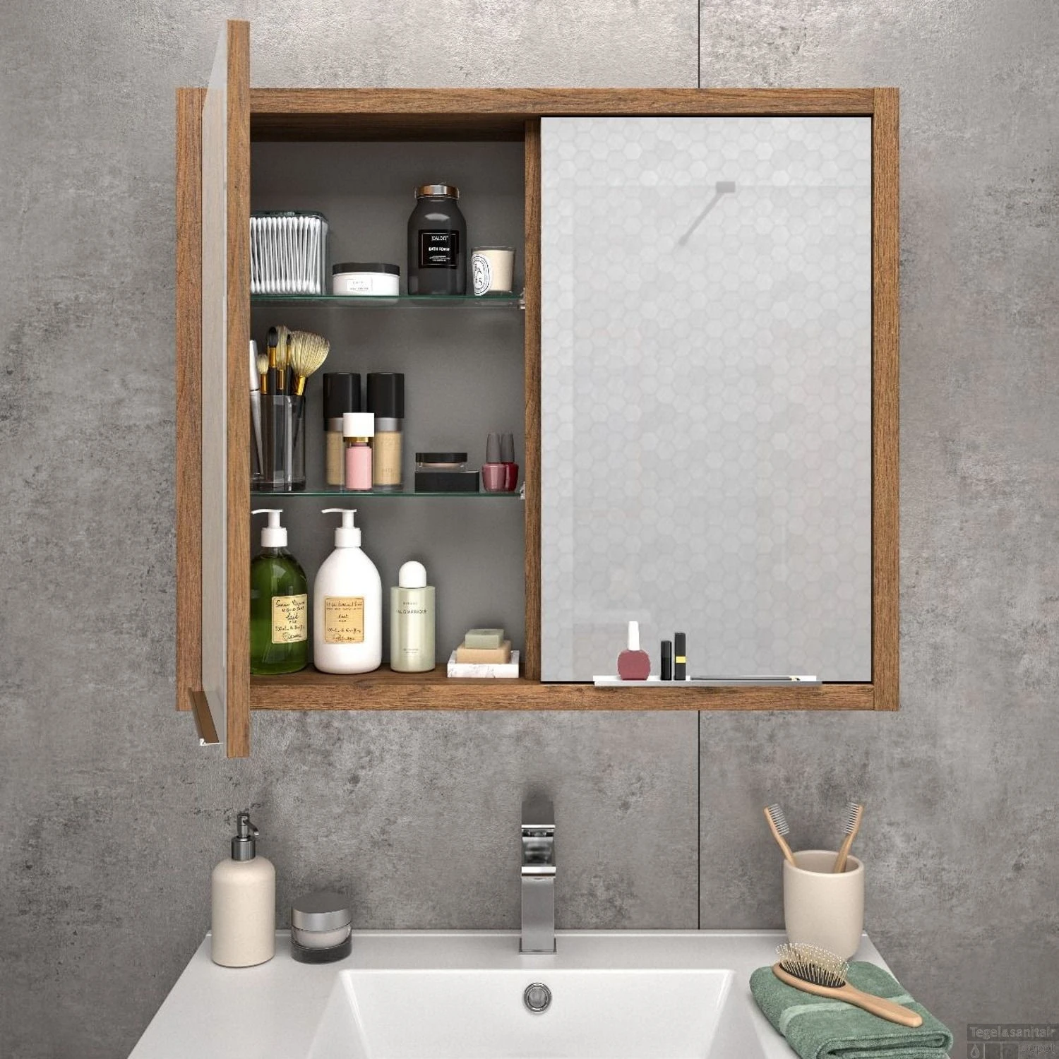 Spiegelkast Allibert Sorento Stopcontact VDE 80x69x17 Cm Eik Cognac - Afbeelding 3