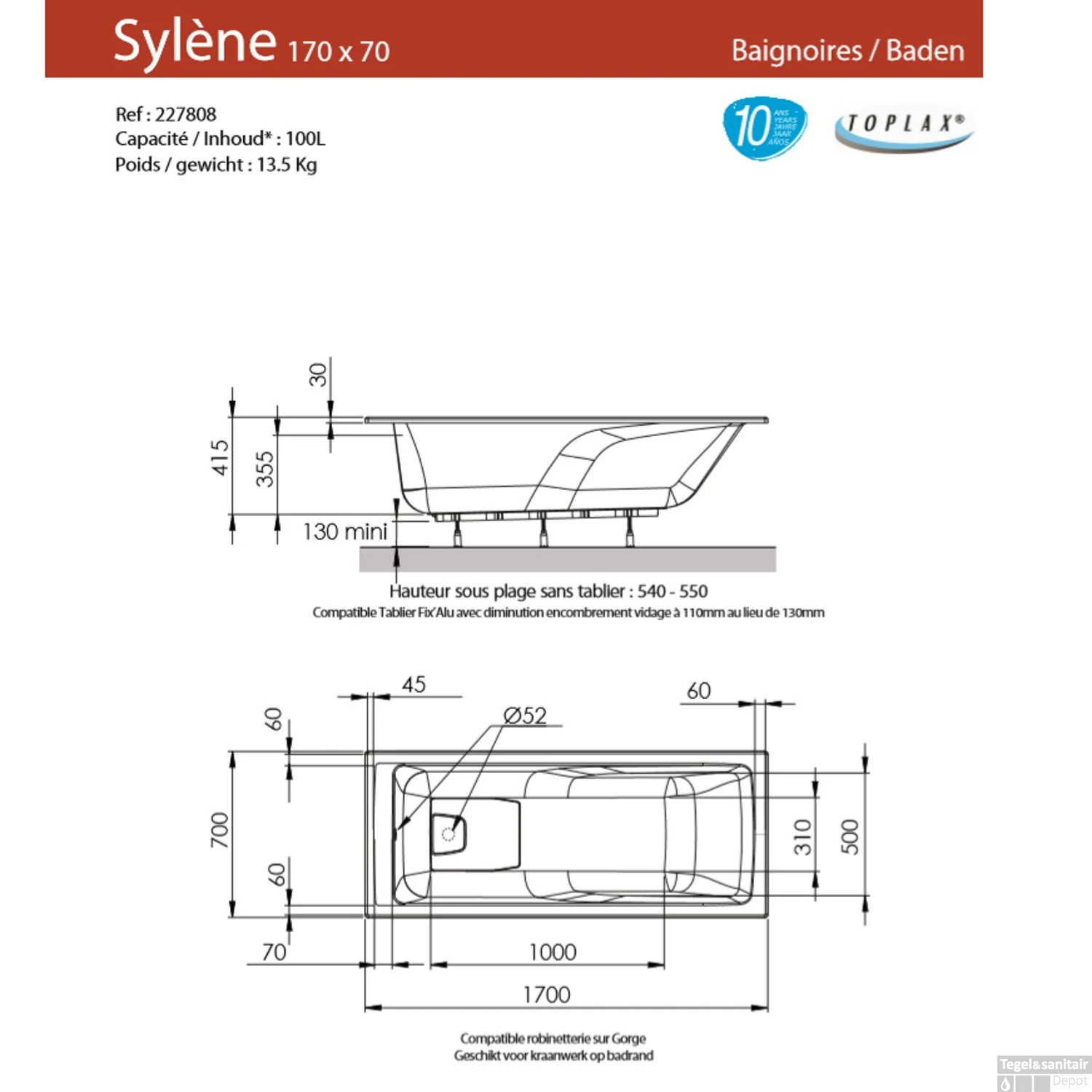 Ligbad Allibert Sylene 170x70x54-55 Cm - Afbeelding 2