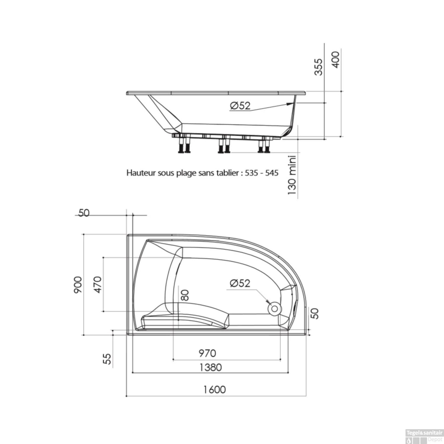 Hoekbad Allibert Diva 160x90 Cm Asymmetrisch Links - Afbeelding 2