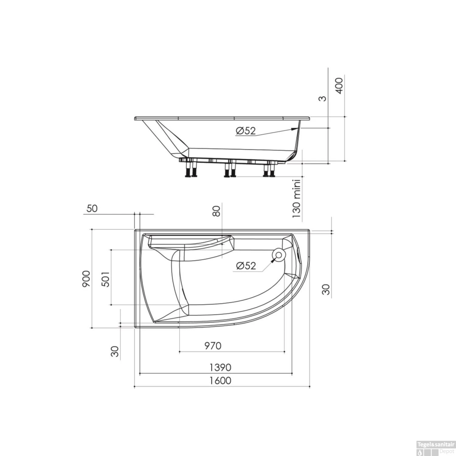 Hoekbad Allibert Diva 160x90 Cm Asymmetrisch Rechts - Afbeelding 2