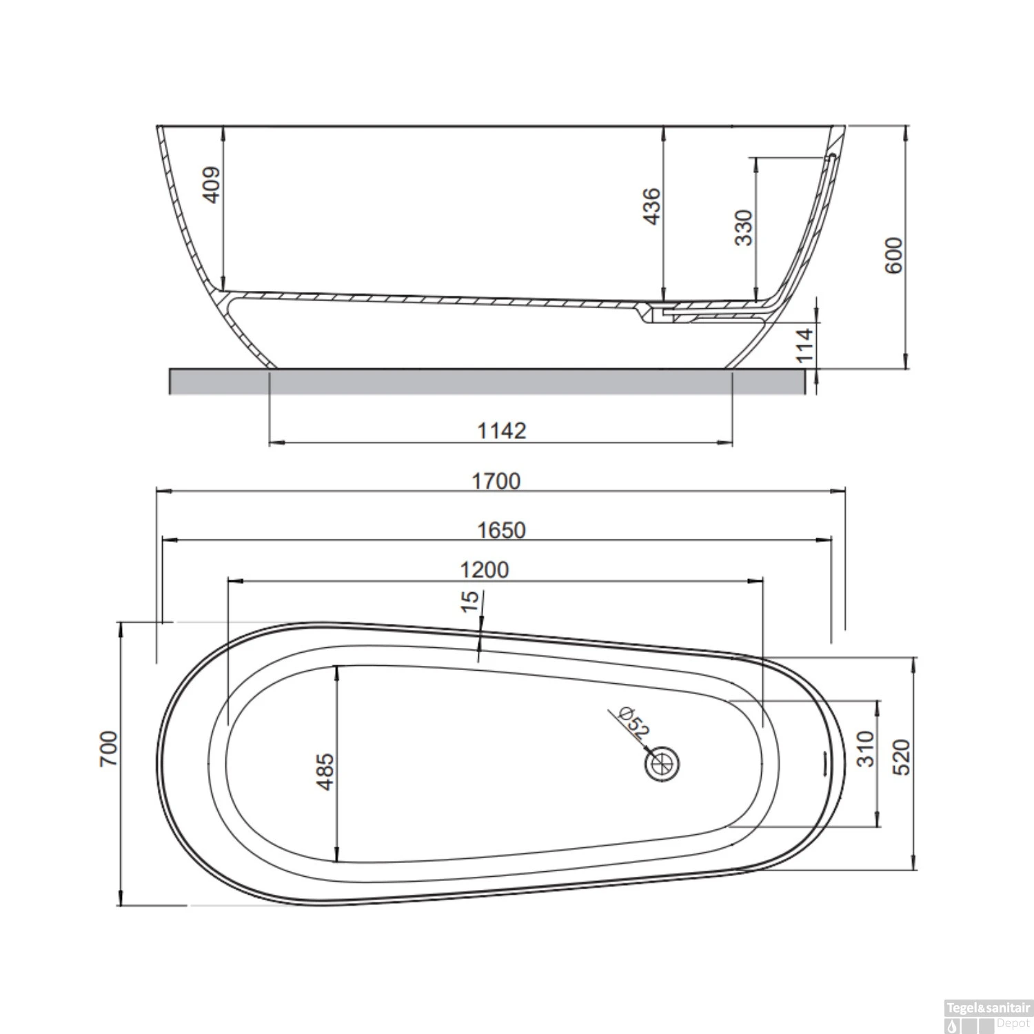Vrijstaand Ligbad Allibert Galena 170x70x60 Cm Langwerpig Mat Wit - Afbeelding 5