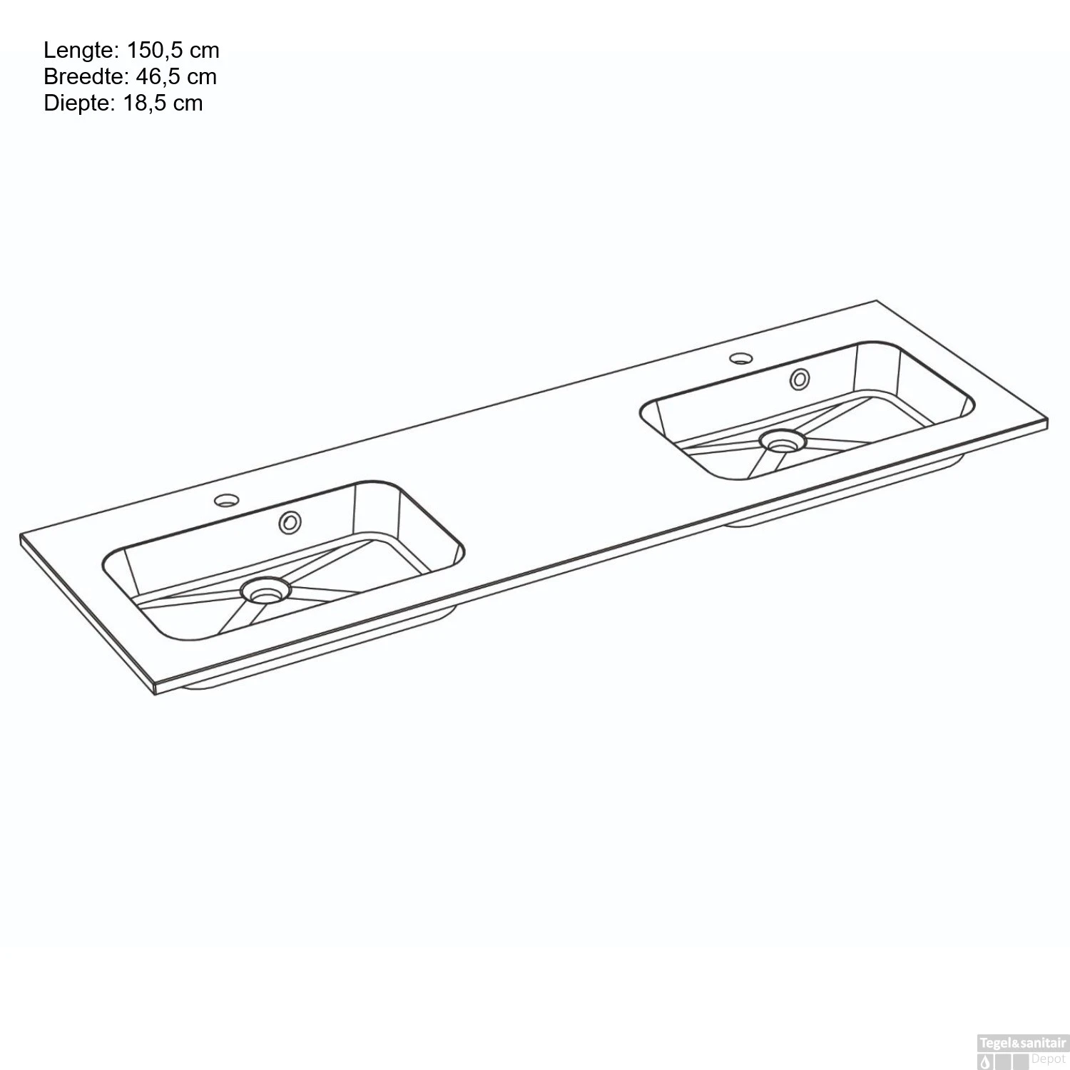 Wastafel Allibert Style 150,5x1,8x46,5 Cm Met Kraangaten Polybeton Glanzend Wit - Afbeelding 2