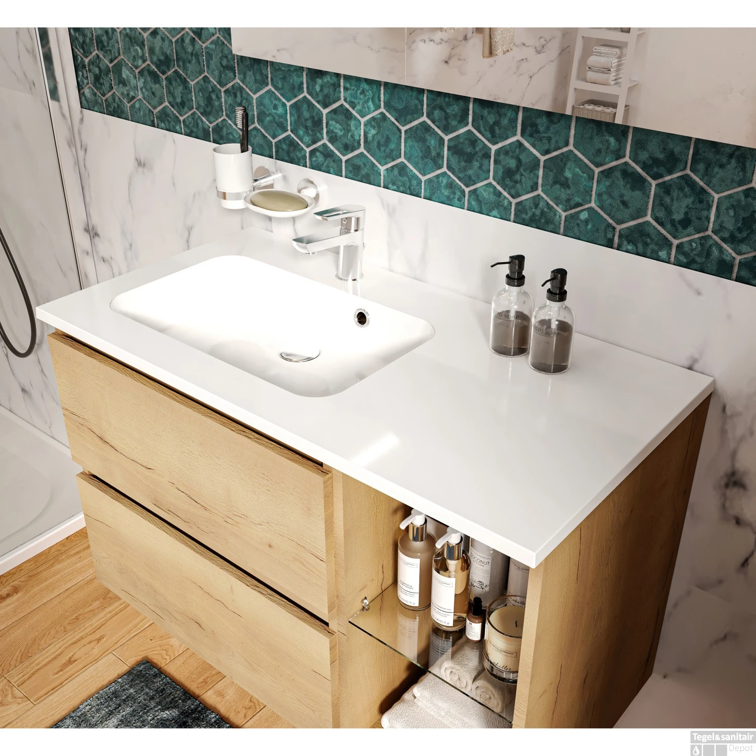 Wastafelonderbouw Allibert Lunik 90x55x46 Cm Met Nis Eik Halifax Natuur - Afbeelding 4