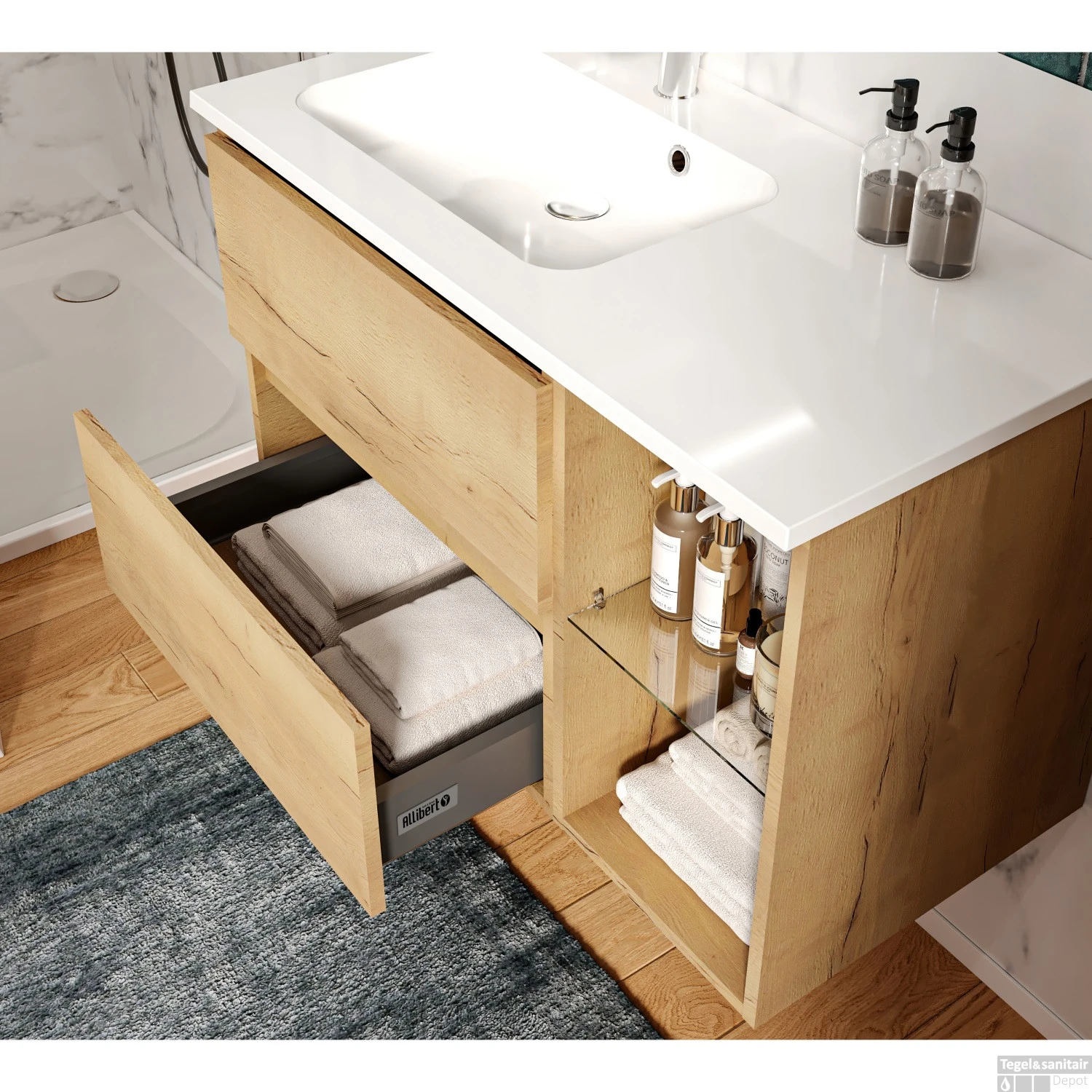 Wastafelonderbouw Allibert Lunik 90x55x46 Cm Met Nis Eik Halifax Natuur - Afbeelding 3